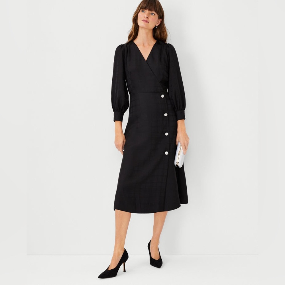 Ann Taylor Petite Plaid Crystal Button Midi Dress Black